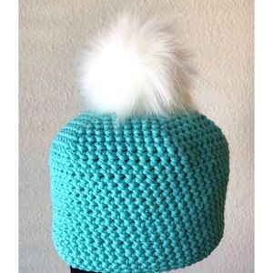 Tiffany Blue Crochet Beanie with Poof